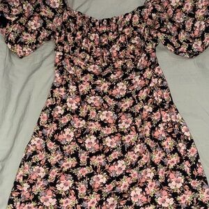 Forever 21 Black and Pink Floral Dress with Balloon Sleeves
